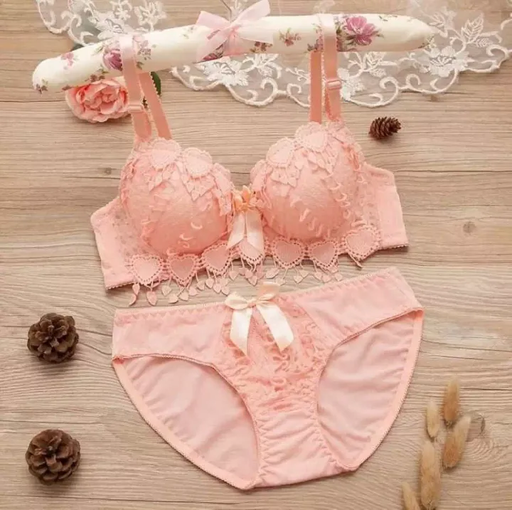 Pink Women Push Up Bra And Panty Set Girl Floral Lace Underwear Set Underwire Brassiere - Image 1